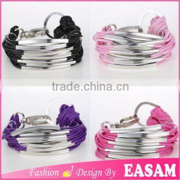 Vintage multilayer metal tube leather bracelet/mens leather bracelet wholesale
