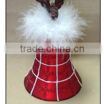 Decorative Red Hanging Glass Bell with Reindeer and Plume