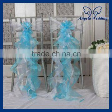 CH098A New 2015 wholesale Nice cheap organza wedding ruffled curly willow blue and white chair sash