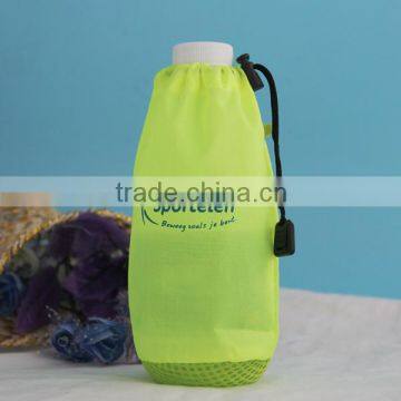 customized round bottle polyester drawstring pouch with mesh