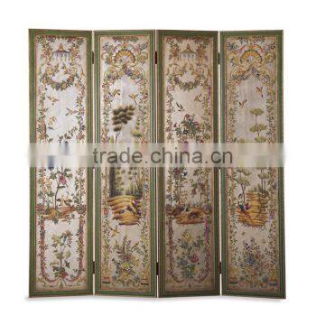Antique Light Green Design Wooden Drawing Screen Hand Painted Curio Classic Furniture Decorative 4pls Folding Floor Screen