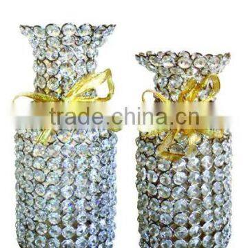 Hot selling Silver Crystal beads bottle shaped decorative flower vases with silk ribbon