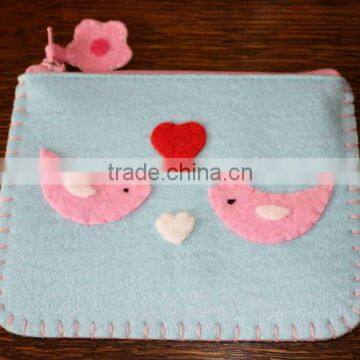 Best selling polyester mobile purse cell coin money wallet wool fabric phone pouch with handsewn birds hearts flower zipper