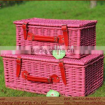 Wicker woven basket with leather handle