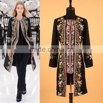 Retro Flowers Embroidered Long Sleeve Black Slim Long European Elegant Women Coat