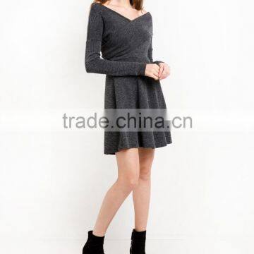 Grey Criss Cross Off The Shoulder Kint Fit And Flare Winter Women Dress Names Of Girls Dresses Wholesale Clothing Market HSD5691 photo-6