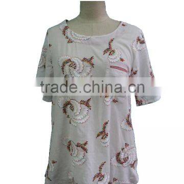 Floral Hand Embroidery Designs Round Collar Short Sleeve with Front Pocket Blouse Tunic Dress