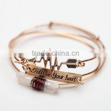 Fllow your heart custom words metal wire bangle quality big stone charms women bangle with adjustable size 2017