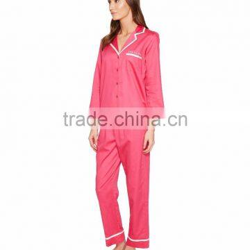 Contrast Piping Long Sleeves Pyjamas Set Notched Collar Left Chest Pocket Pink Silk Satin Sleepwear photo-2
