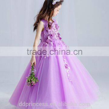 New Arrival Violet Ball Gown Tulle Girls Long Wedding Dress Sleeveless Embroidery Flower Handmade Beaded Purple Prom Party Dress photo-3
