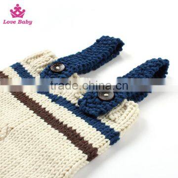 2pcs Set Baby Photography Prop Crochet Knit Boy Stripe Hat Pants Overalls photo-4