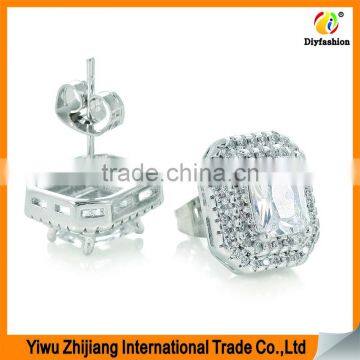 Double Row Diamond Rectangular Platinum Plating Zircon Stud Earring photo-2