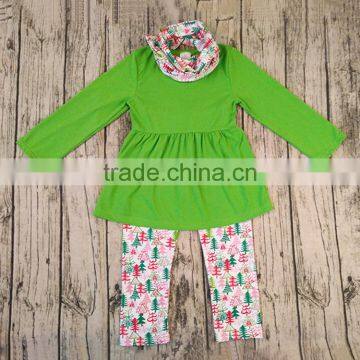 Yawoo green cotton dress match christmas tree and scarf 3 pcs christmas set cheap toddler boutique clothing