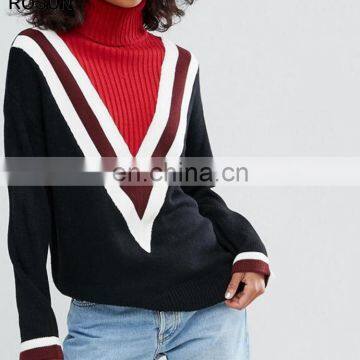 Black Sweater as Long Sleeve High Neck Tops With Latest Chevron Design for Women of Knit Clothing