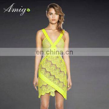 Top sale sleeveless yellow hollow and transparent lace backless dress