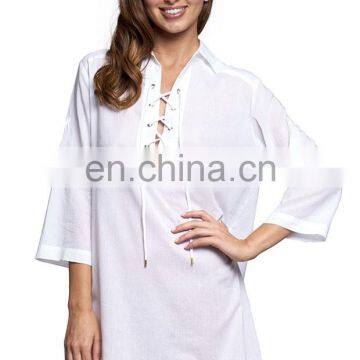 New Fashionable Women's Cotton White Shirt Dress With Lace Up Detail