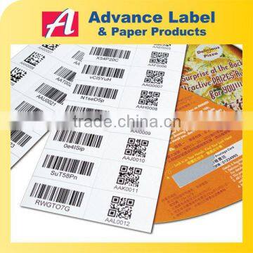 Printing Serial unique number sticker Scratch off Security barcode label