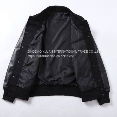 HOT SALE 2021 NEW FASHION MEN'S WOOL/POLYESTER MELTON BASEBALL GENUINE LEATHER JACKET photo-3