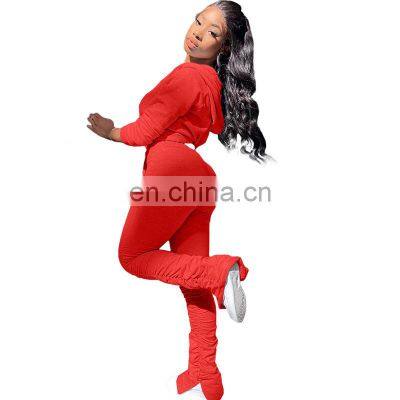 Wholesale Custom Women's Suits Western Style Solid Color Sweater Folds Pocket Jacket With Hat Sports Pants Suit Hooded photo-2