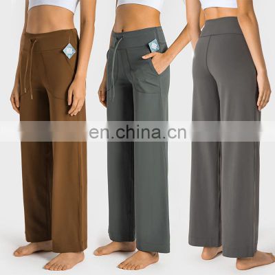 Wholesale Custom Loose Wide Leg Flared Yoga Pants Ladies Dance Gym Wear Drawstring With Side Pocket Leggings Trousers For Women