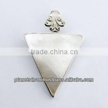 Elegant Triangular Lustrous Shell Pendant Ornate Silver Bail