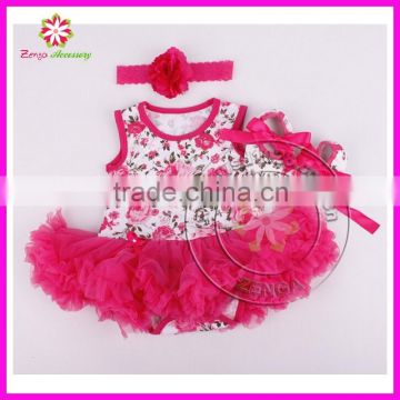 Wholesale floral print baby girl romper bodysuit pettiskirt with headband and shoes