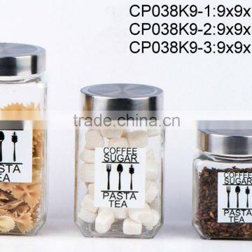 3pcs square glass jar with printing with s/s lid (CP038K9)