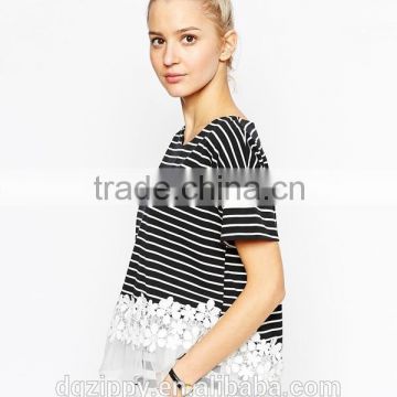 Stripe Blouse With Floral Lace Hem Fashion Design Lady Blouse photo-2