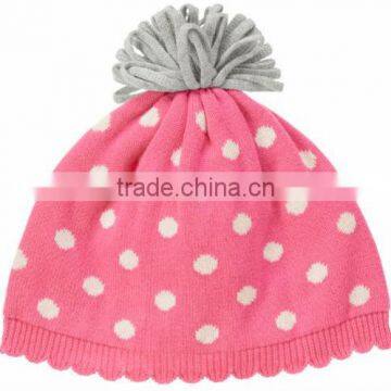 Knitted Pink Dots Cap With Pom Pom