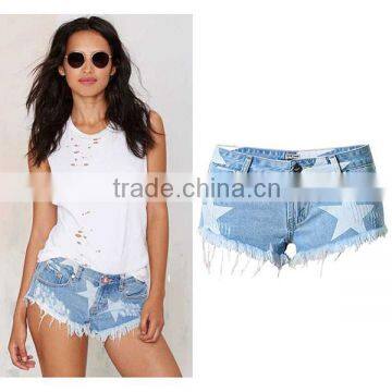 2016 Summer Fashion Torn Denim Shorts Ladies Vogue Stylish Low Waist Tassel Fringed Star Printed Hot Sexy Women Jeans Pent