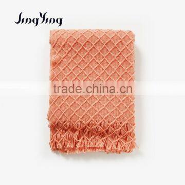 Hot Sale Orange Color Acrylic Single Side Check Jacquard Crochet Blanket With Short Tassels