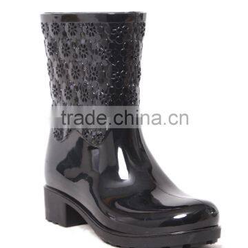 black and glossy rain boots, flower types rain shoes and comfortable beautiful safety galoshes