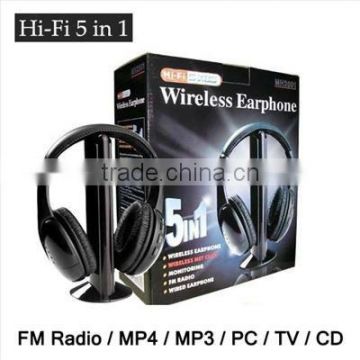 5 in 1 Wireless Headphone Earphone Black For MP3/MP4 PC TV CD FM Radio