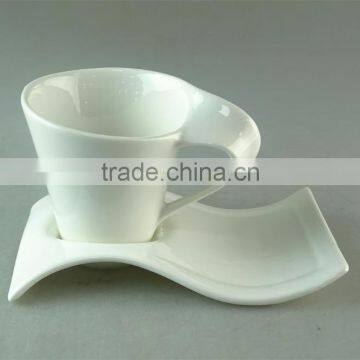 150ml Fancy Stocked Unique design White Ceramic coffee cup and saucer for restaurant and hotel