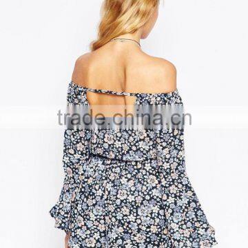 2015 Fashionable Hot Sale OEM Customized Off Shoulder Romper With Flutter Sleeves in Pretty Floral Print photo-3
