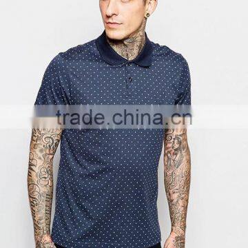 Custom Brand Logo Short Sleeve Button Placket Point Printed Design Navy Men's 100% Cotton Jersey Slim Fit Casual Polo T-Shirt