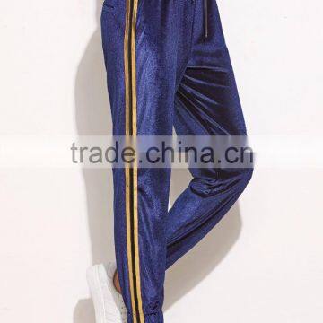 Navy Side Striped Drawstring Velvet Sweatpants 95% Polyester 5% Spandex Elastic Waist Loose Trousers photo-2