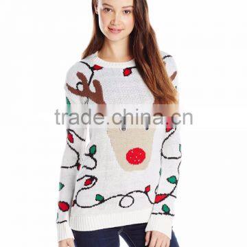 Women Whited Sweater Light Reindeer Design Pattern Christmas Sweater With Light
