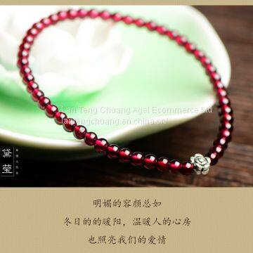 Original Handmade Female Wine Red Garnet Single Ring 3mm Fine Beads Bracelet Sterling Silver Jewelry Sweet photo-2