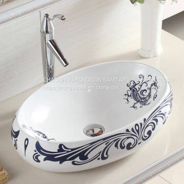 Bathroom apartment tabletop installtion oval ceramic colored no hole wash hand basin sink from chaozhou manufacturer