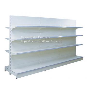 Double sided supermarket shelves with flat back