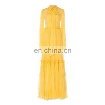 TWOTWINSTYLE Dress for Women Bow Elegant O Neck Long Sleeve High Waist Female Yellow Fashion photo-6