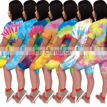 Wholesale Women Tie Dye and Printing 2 Two Piece Bodycon Outfit T Shirt and Short Sets photo-2