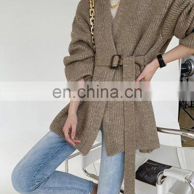 Женская модная овальное длинное кардиган из кашемира и шерсти с рибкой и поясом photo-3