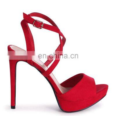 Red color high stiletto heeled women platform with crossover front strap ladies ankle strap shoes available in other colors