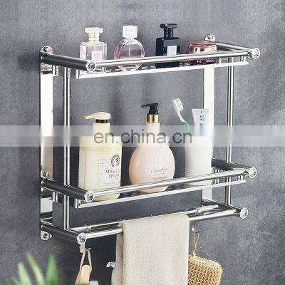 Two  Tier Wall Mounted bathroom Rack Bathroom Shelf Stainless Steel Hanging Rack Shampoo Storage Organizer Towel Rack with Hoo