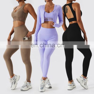 3 Pcs Sexy Mesh Bra Sports Sets Custom Fitness Women Yoga Long Sleeve Yoga Tops Suits