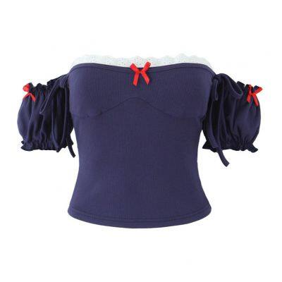 2025 summer new French pure style bow decoration love hollow one-line collar T-shirt top