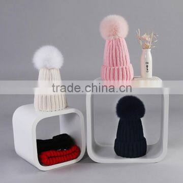 Winter Fashion Big Size Real Fox Fur Pompom Knitted Lady Wool Cap