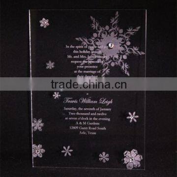 Hot sale elegant transparent pink printing acrylic wedding invitations with pink snowflake and crystal decoration